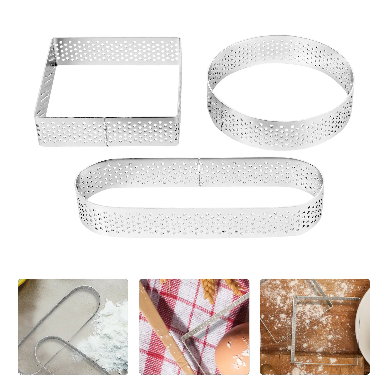 3pcs Stainless Steel Cake Mold Venting Holes Reusable High Temp Resistant Pastry Mousse Tart Making Storage Non Stick
