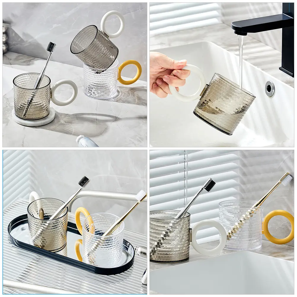 2Pcs Japanese Hammered Pattern Couple Toothbrush Cups Transparent Gray AS Material Bathroom Accessories Reusable Mouthwash Cups