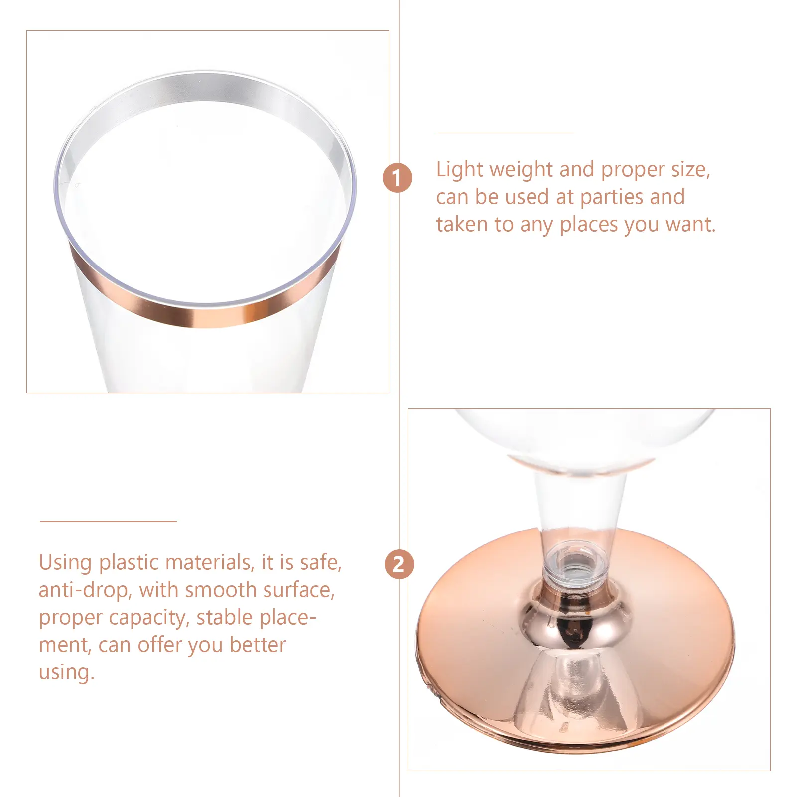 6 pcs Rose Gold Edge Plastic Goblets Flutes Disposable Elegant Cocktail Gifts Lightweight Proper Size