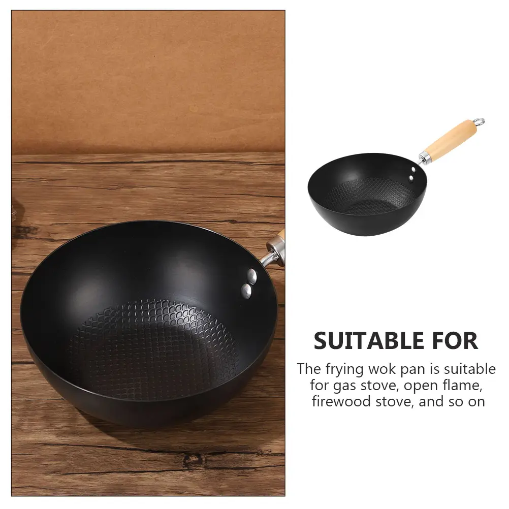 Flat Bottom Pan Fry Home Pans Kitchen Cookware Gas Stove Wok Pan Wok Cooking Pot Traditional Wooden Fry Pans Handle