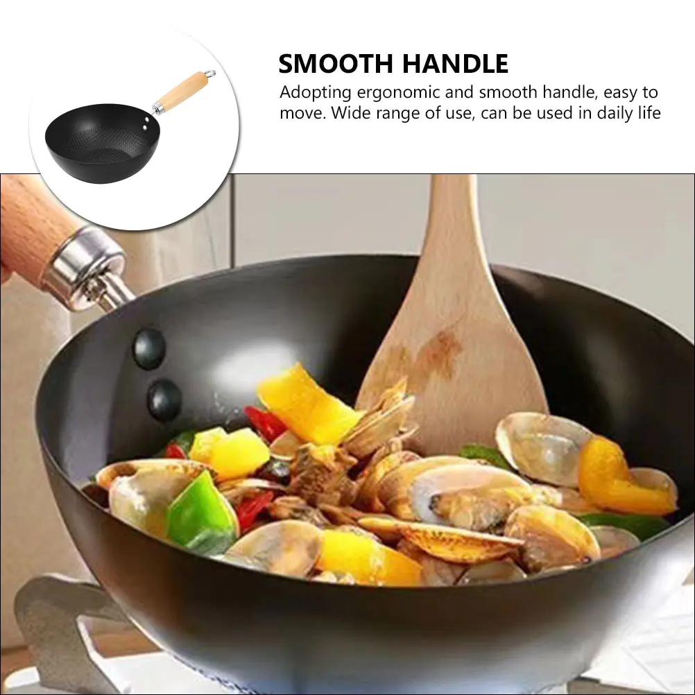 Flat Bottom Pan Fry Home Pans Kitchen Cookware Gas Stove Wok Pan Wok Cooking Pot Traditional Wooden Fry Pans Handle
