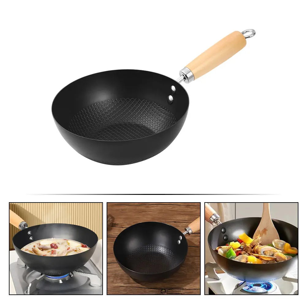 Flat Bottom Pan Fry Home Pans Kitchen Cookware Gas Stove Wok Pan Wok Cooking Pot Traditional Wooden Fry Pans Handle