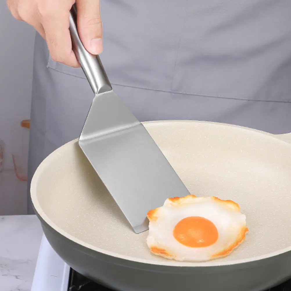 1pcs Steak Frying Spatula Stainless Steel Kitchen Restaurant Cooking Tool Oil Filtering Curved Handle Light Practical