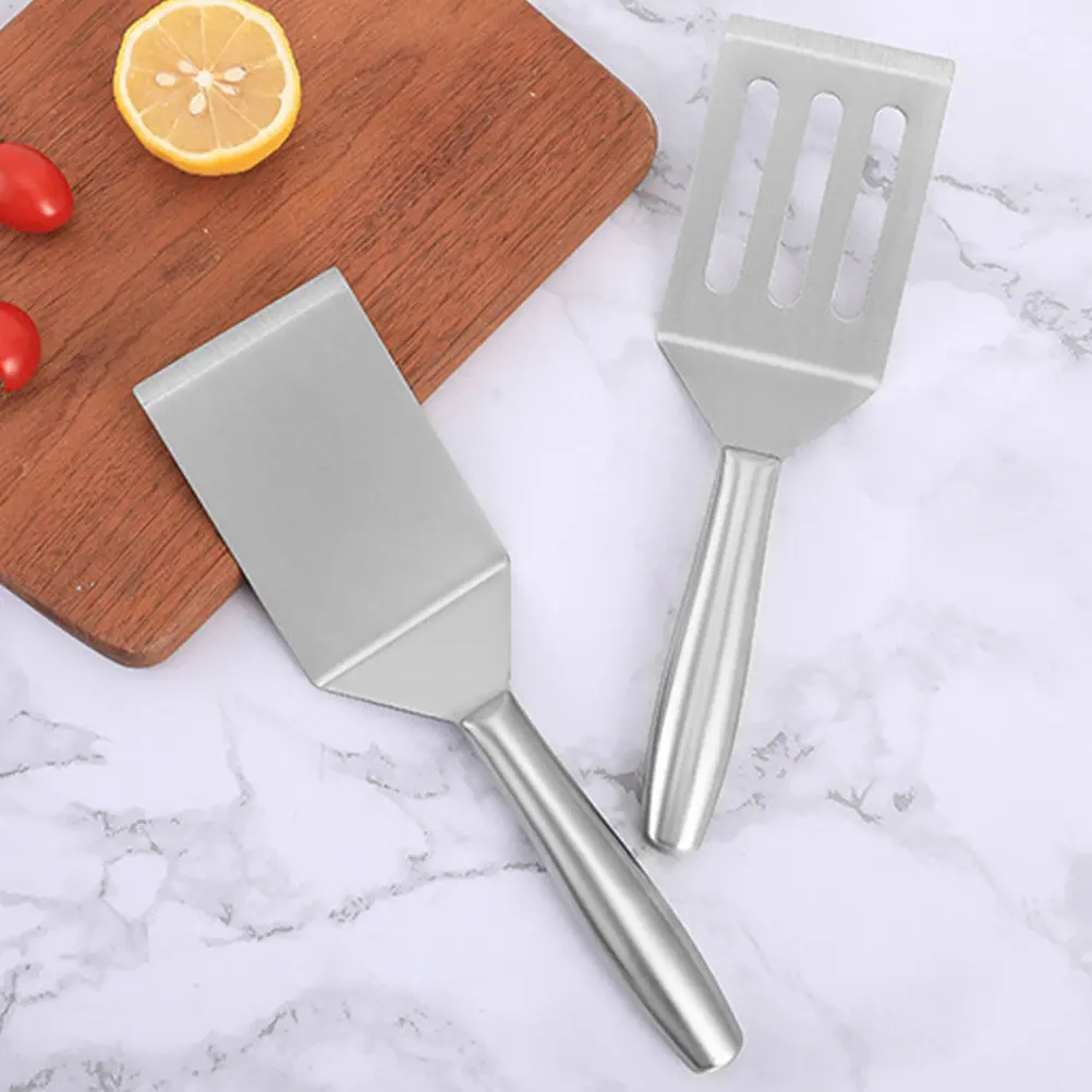 1pcs Steak Frying Spatula Stainless Steel Kitchen Restaurant Cooking Tool Oil Filtering Curved Handle Light Practical