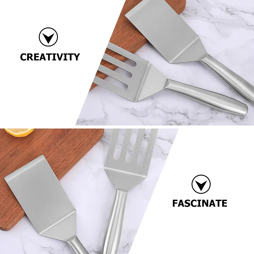 1pcs Steak Frying Spatula Stainless Steel Kitchen Restaurant Cooking Tool Oil Filtering Curved Handle Light Practical