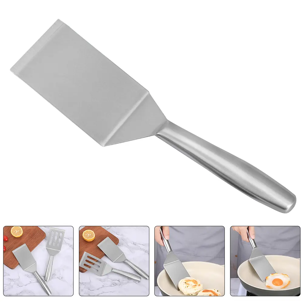 1pcs Steak Frying Spatula Stainless Steel Kitchen Restaurant Cooking Tool Oil Filtering Curved Handle Light Practical