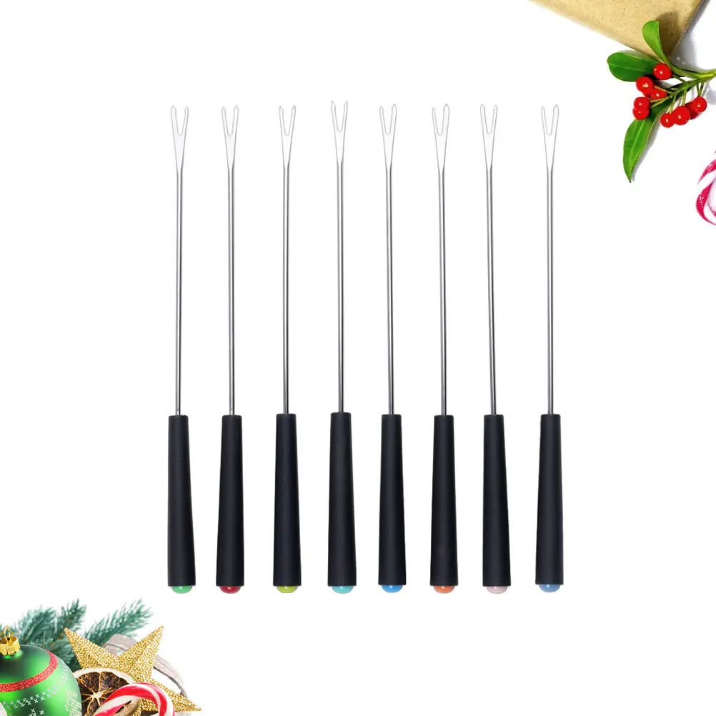 8pcs Food Fork Plastic Handle Stainless Steel Fondue Forks Meat Hotpot Fruit Accessories Tools Skewers Dessert barbecue picnic