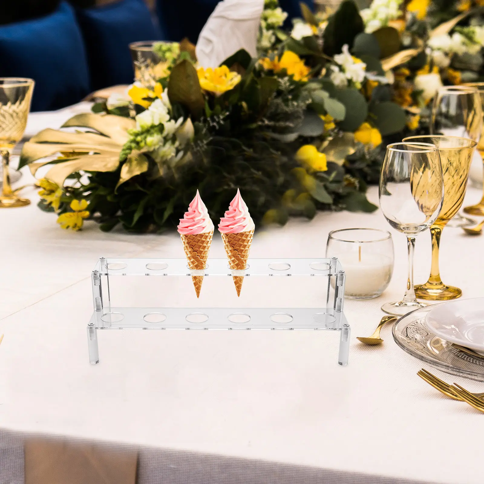 12 Holes Acrylic Ice Cream Cone Holder Transparent Display Stand Reusable Flat Cake Rack Cone Storage Popcorn Sushi