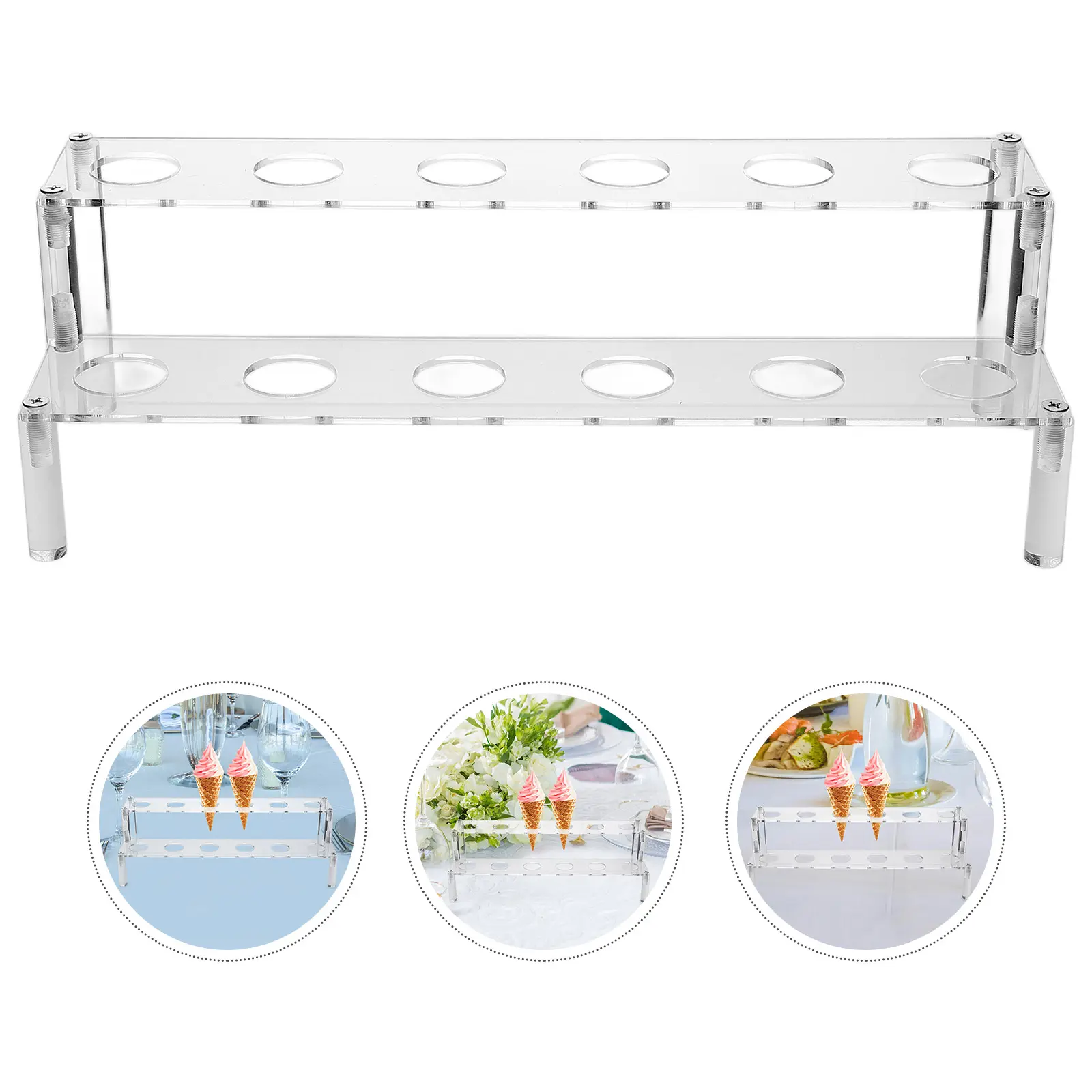 12 Holes Acrylic Ice Cream Cone Holder Transparent Display Stand Reusable Flat Cake Rack Cone Storage Popcorn Sushi