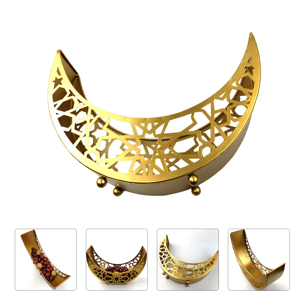Iron Eid Snack Tray Ramadan Food Plate Hollow Design Islamic Theme Golden Strong Fruit Tray Kitchen