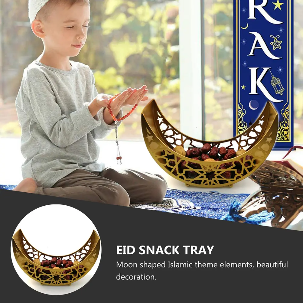 Iron Eid Snack Tray Ramadan Food Plate Hollow Design Islamic Theme Golden Strong Fruit Tray Kitchen