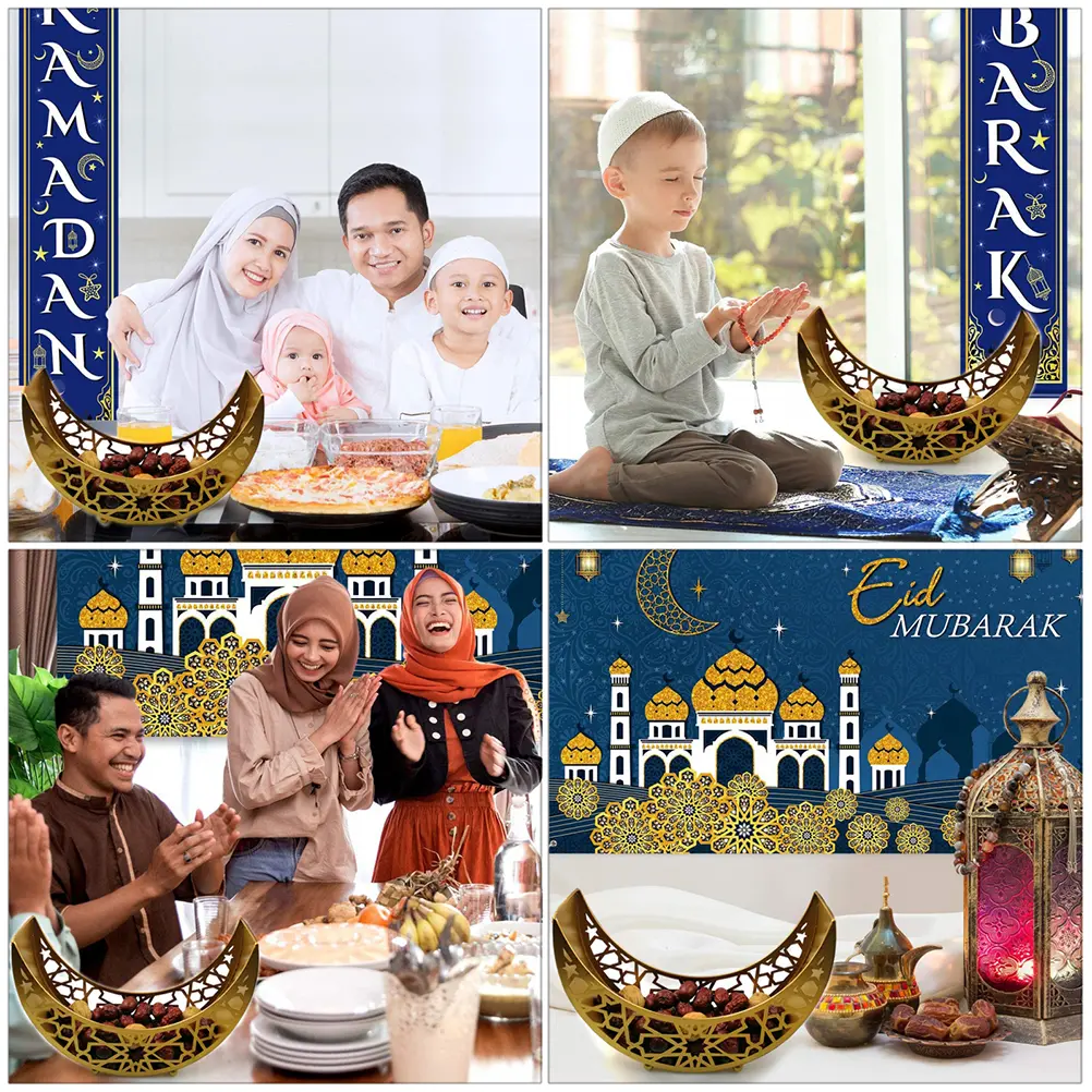 Iron Eid Snack Tray Ramadan Food Plate Hollow Design Islamic Theme Golden Strong Fruit Tray Kitchen