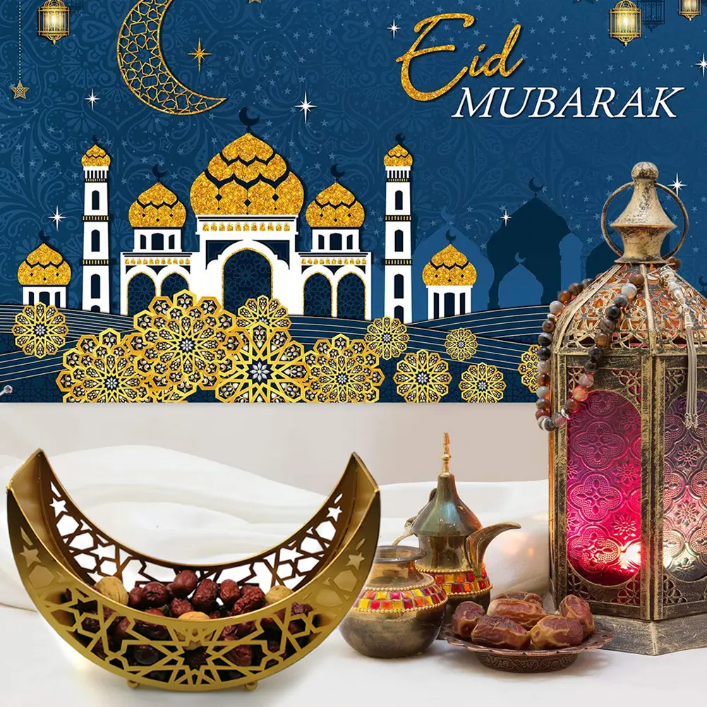 Iron Eid Snack Tray Ramadan Food Plate Hollow Design Islamic Theme Golden Strong Fruit Tray Kitchen