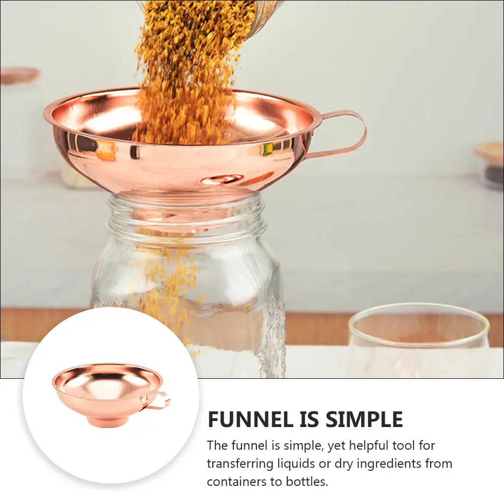 1pc Stainless Steel Funnel No Spill Leak Home Kitchen Gadget Oil Wine Liquid Filtration Transferring Tool Rose Gold