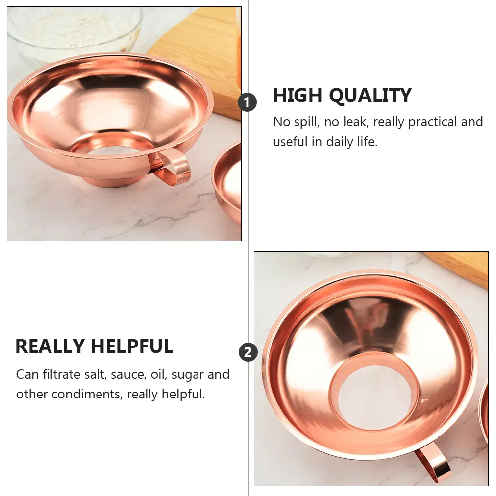 1pc Stainless Steel Funnel No Spill Leak Home Kitchen Gadget Oil Wine Liquid Filtration Transferring Tool Rose Gold