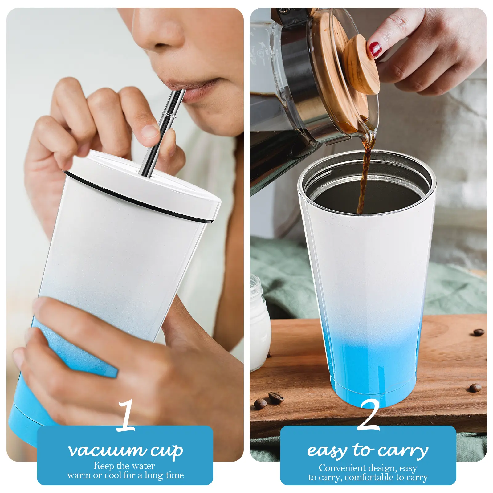 Stainless Steel Water Cup 304 201 Blue Mini Straw Large Capacity Metal Bottle Outdoor Ice Coffee Child Stylish Straw Design