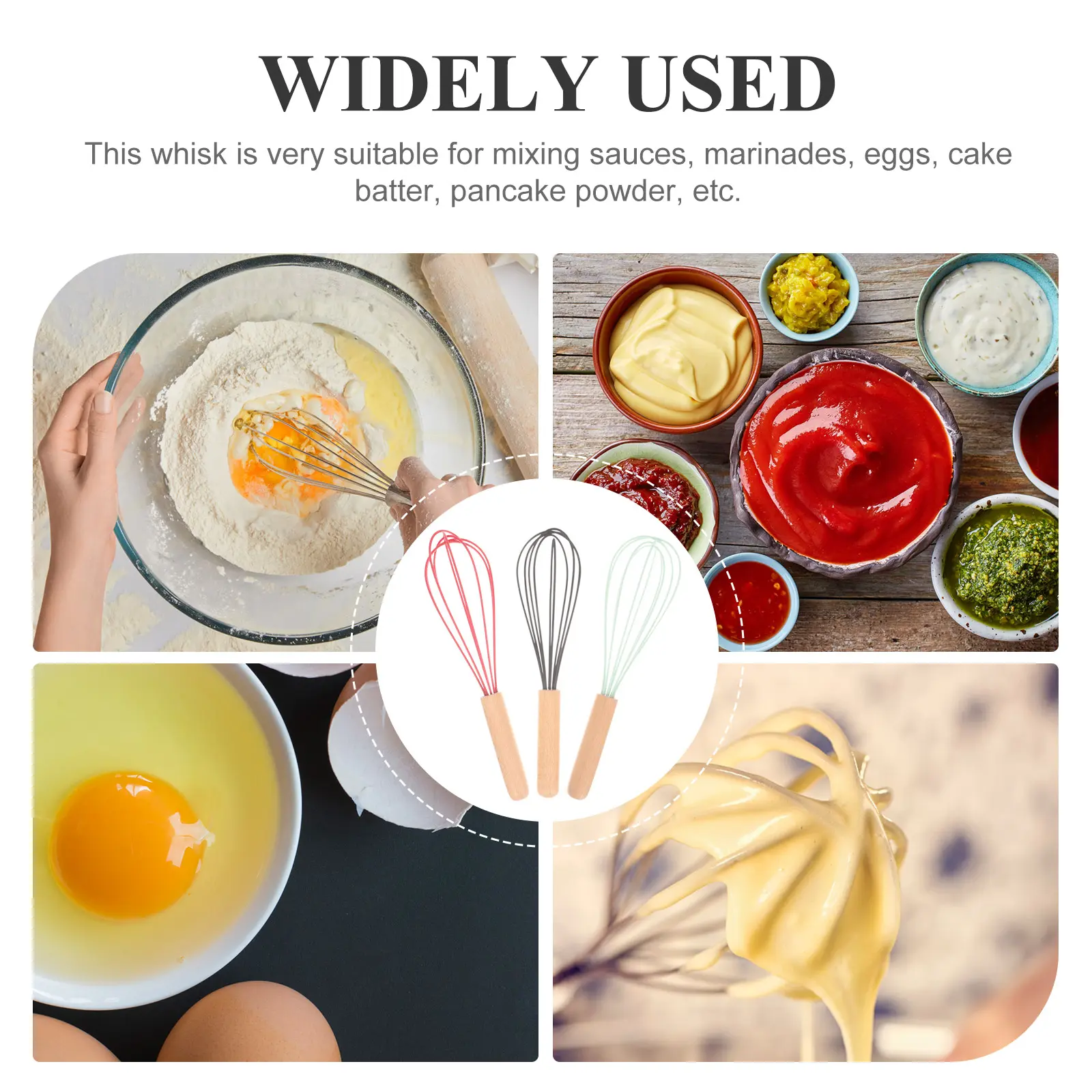 3pcs Wooden Handle Egg Beater Silicone Sauce Whisk Mixers Kitchen Blender Small Portable Manual Handheld Egg Whisk For Cake