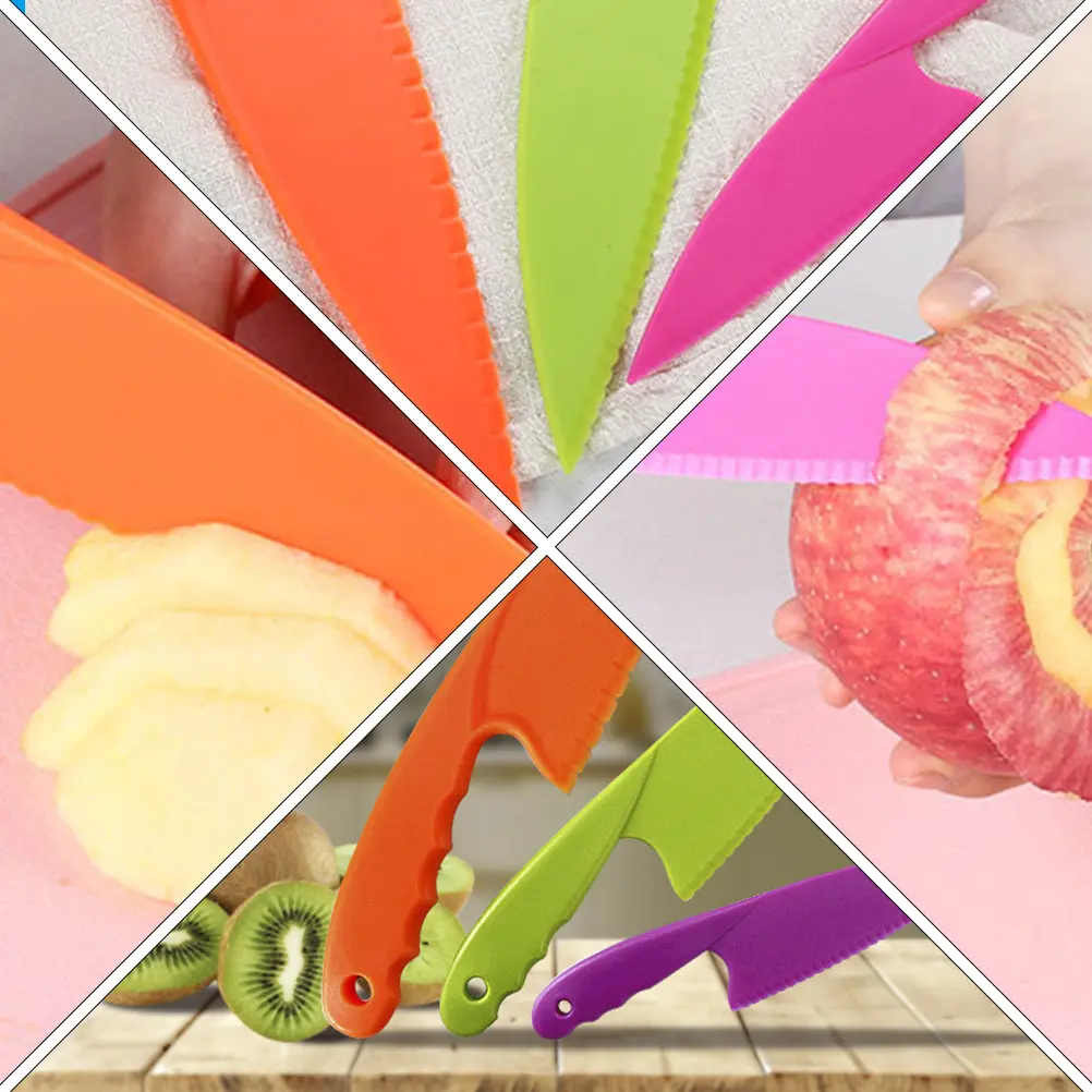 Plastic Fruit Knife Set 2 Sets Kids Safe Knives Cutting Board Non Slip Bright Color Storage Vegetable Meat Fish Kitchen Knives
