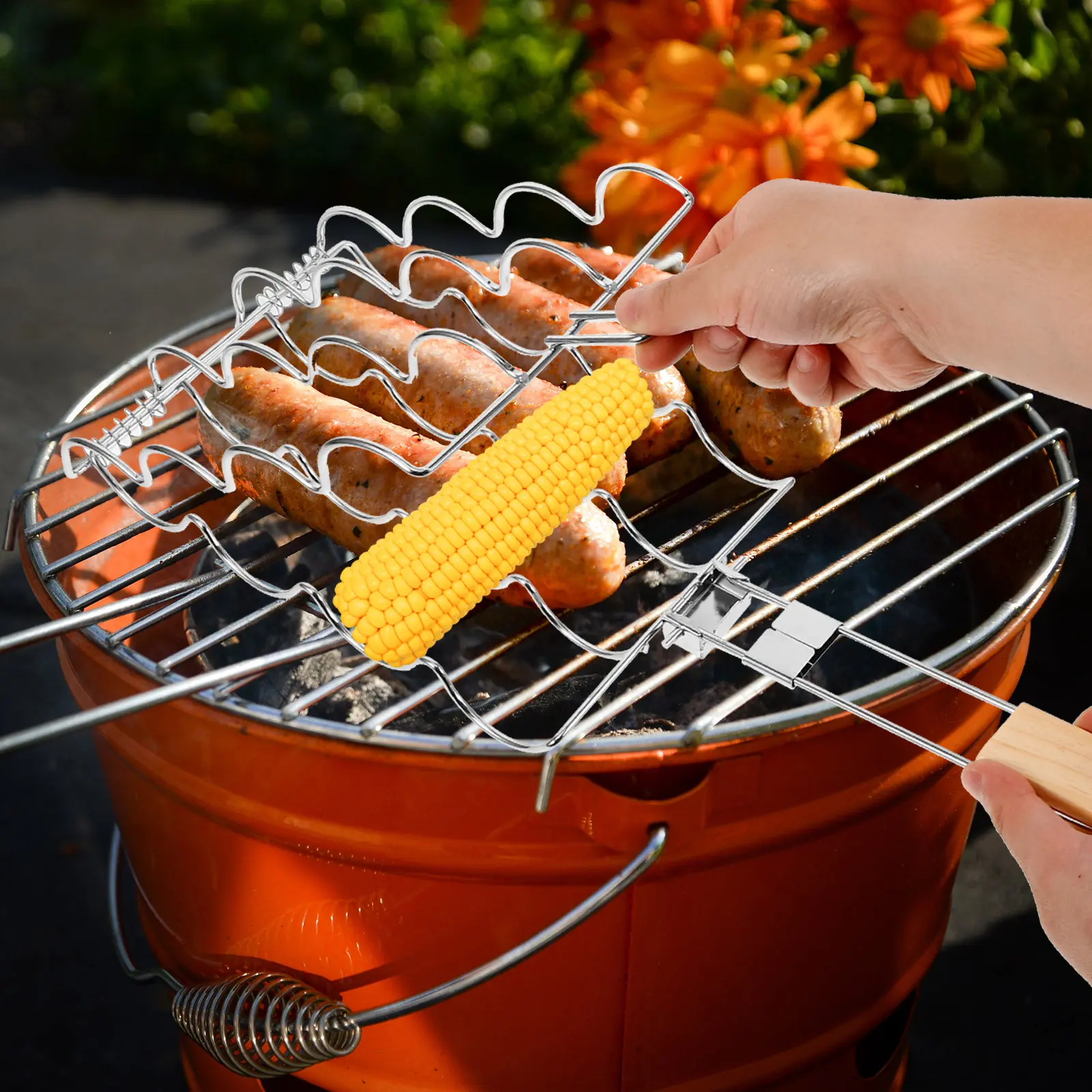 Portable Foldable Barbecue Grill Corn Holder Durable Reusable Corn Grilling Rack BBQ Tools Accessories Sausage Fish Grill Net