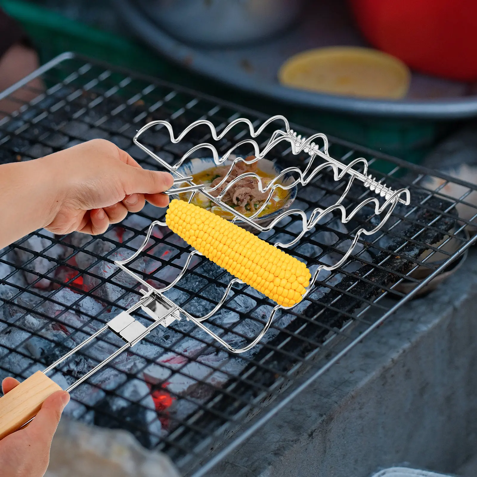 Portable Foldable Barbecue Grill Corn Holder Durable Reusable Corn Grilling Rack BBQ Tools Accessories Sausage Fish Grill Net