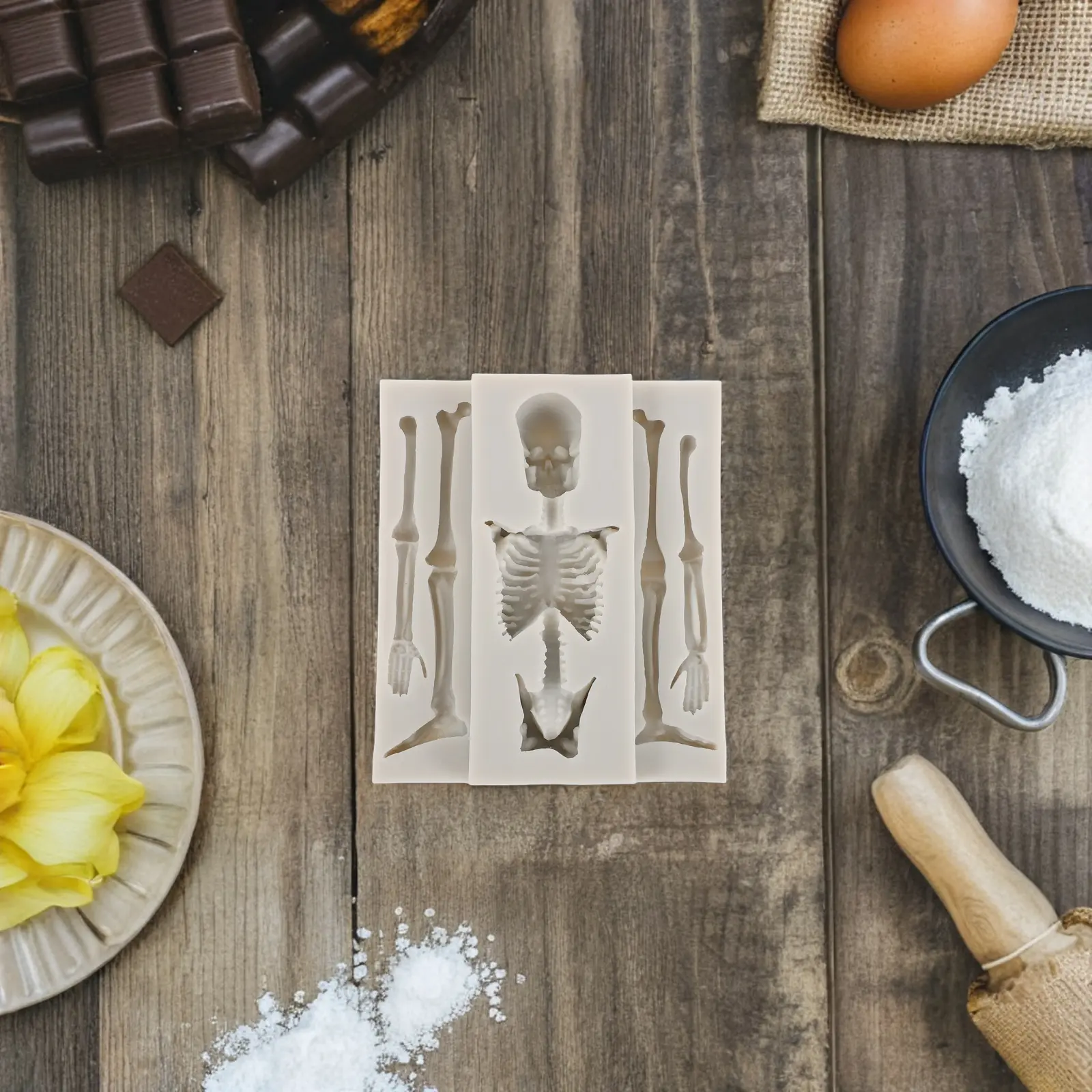 2 Pcs Halloween Baking Mold Skull Chocolate Mould Set Bone Biscuit Grey Molds Silicone Ice Cube Cooking