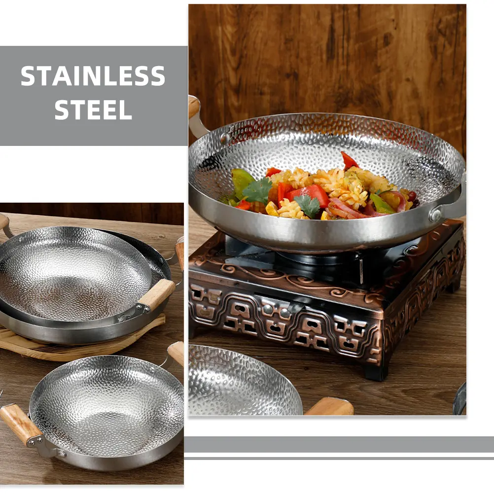 Stainless Steel Wok Pan Cooking Double Handle Non-Stick Kitchenware For Home Hotel Restaurant Space-Saving Metal Fry Pan