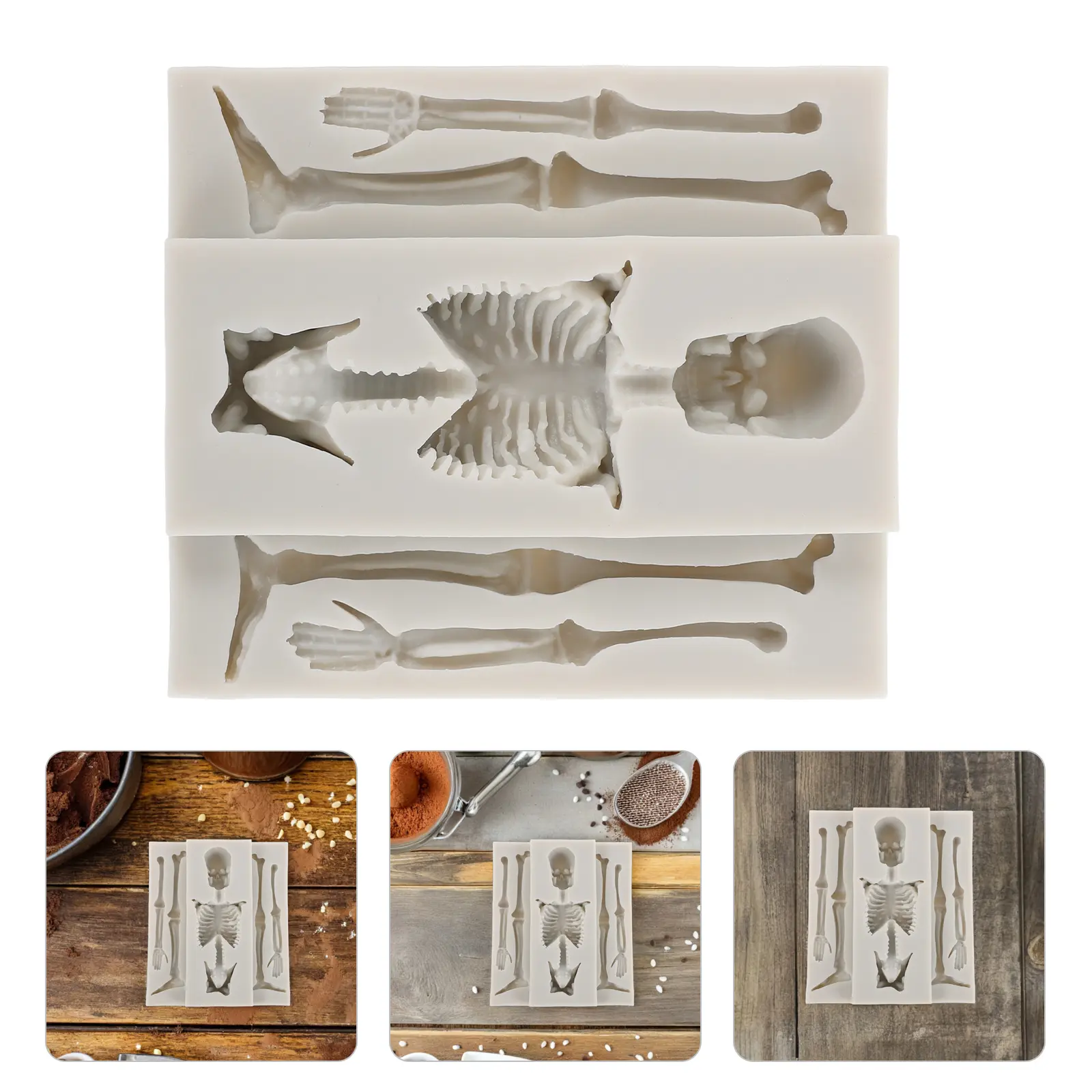 2 Pcs Halloween Baking Mold Skull Chocolate Mould Set Bone Biscuit Grey Molds Silicone Ice Cube Cooking