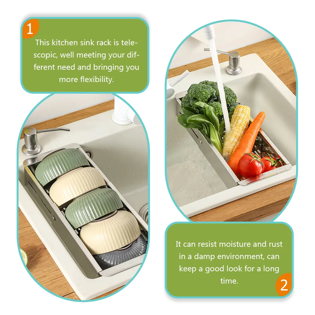 Stainless Steel Telescopic Dish Rack Organizer Expandable Kitchen Sink Bowl Plate Spoon Fork Sponge Holder