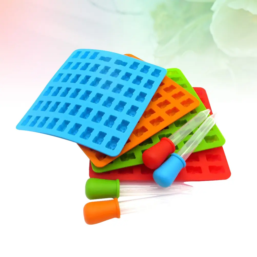4 Sets 53 Cavities Bear Silicone Chocolate Mold Candy Tray Diy Jelly Ice Cube Tool With Dropper Blue Red