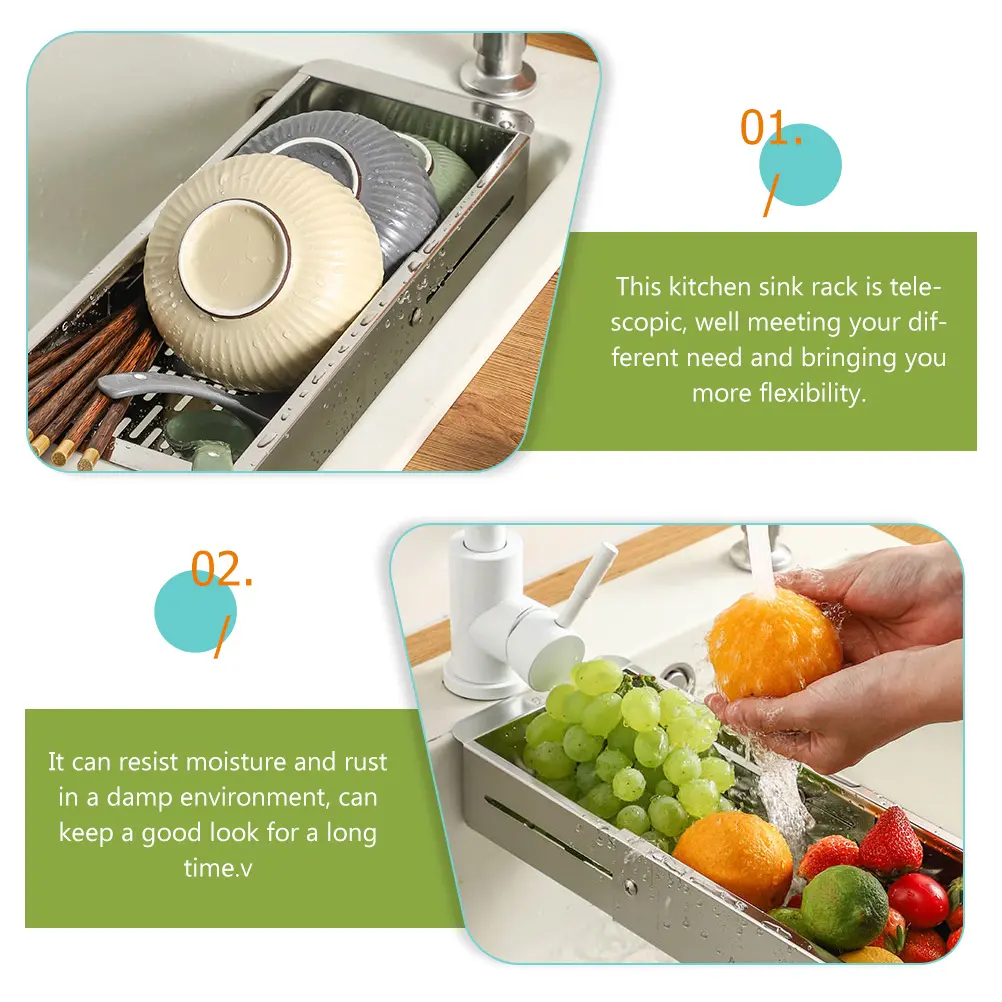 Stainless Steel Telescopic Dish Rack Organizer Expandable Kitchen Sink Bowl Plate Spoon Fork Sponge Holder