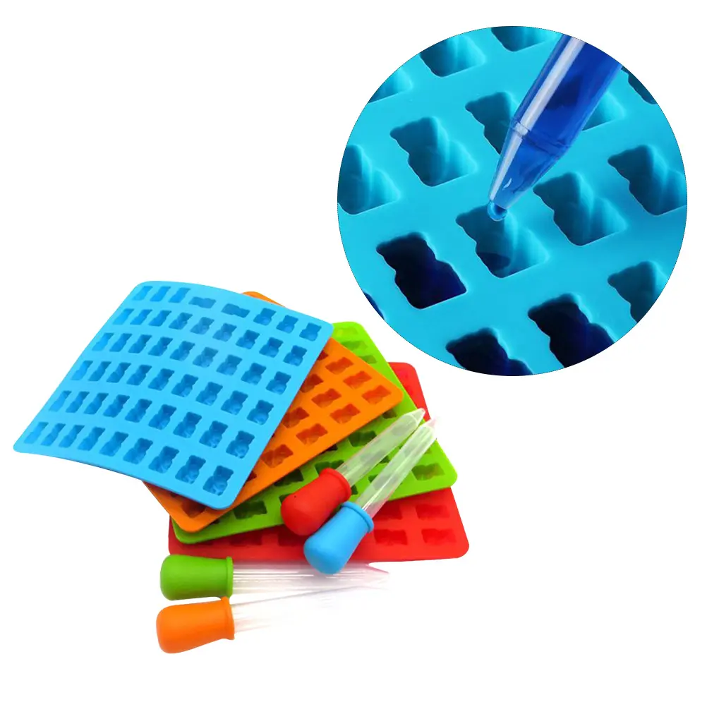 4 Sets 53 Cavities Bear Silicone Chocolate Mold Candy Tray Diy Jelly Ice Cube Tool With Dropper Blue Red