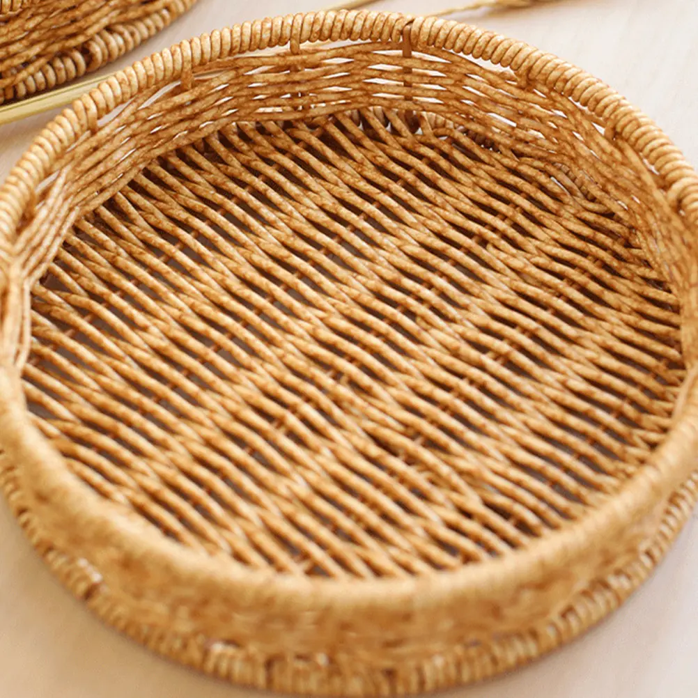 1pc Stylish Imitation Rattan Round Tray Home Decor Fruit Snack Storage Basket Versatile Design for Living Room Dining Area