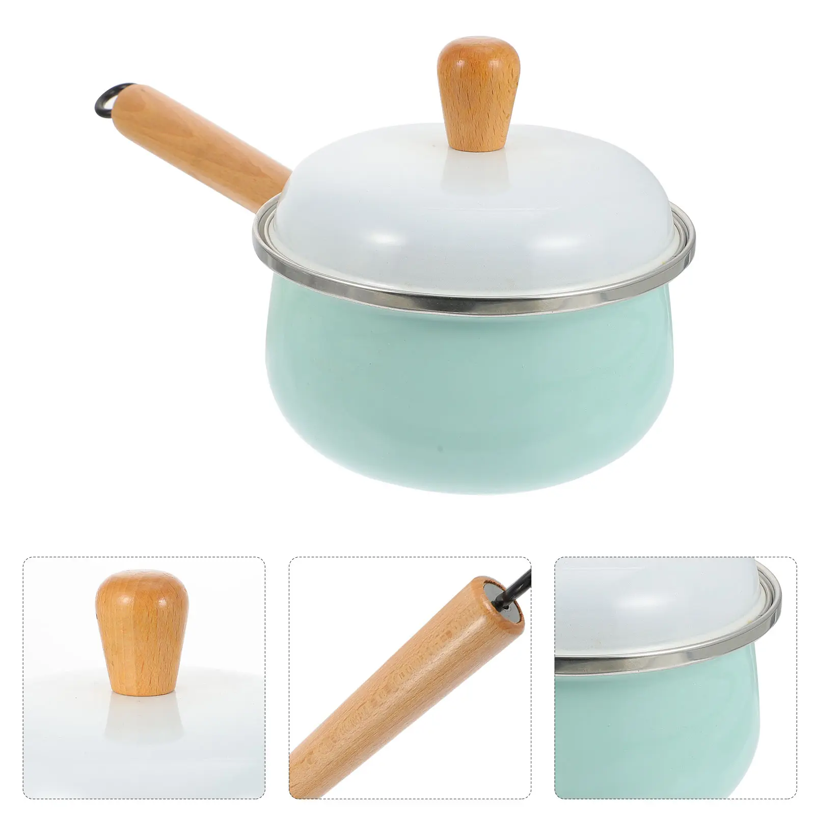 Enamel Milk Pot Wooden Handle Even Heating Easy Carry Smooth Surface Home Kitchen Soup Pot Household Food Cookware Baby Saucepan