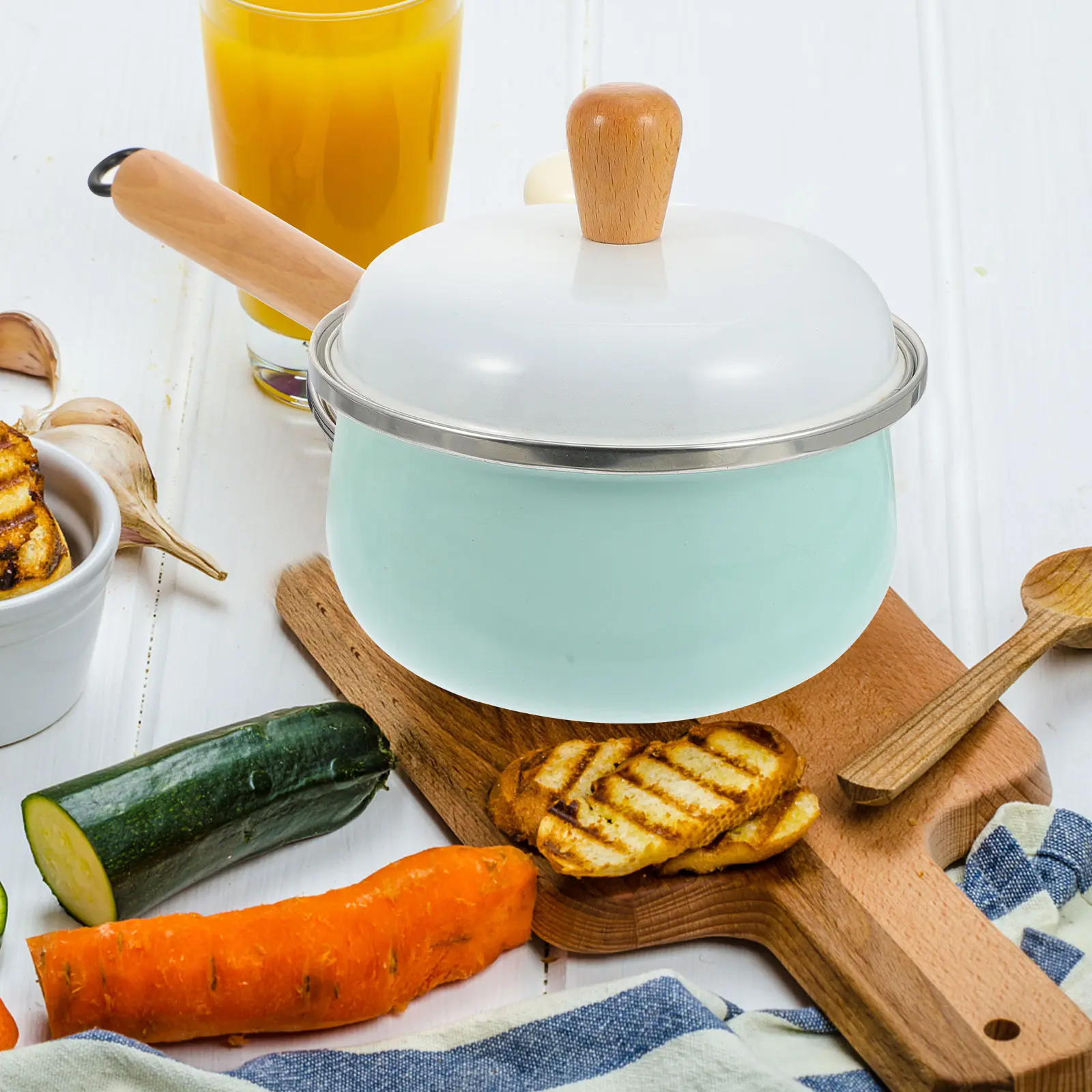 Enamel Milk Pot Wooden Handle Even Heating Easy Carry Smooth Surface Home Kitchen Soup Pot Household Food Cookware Baby Saucepan