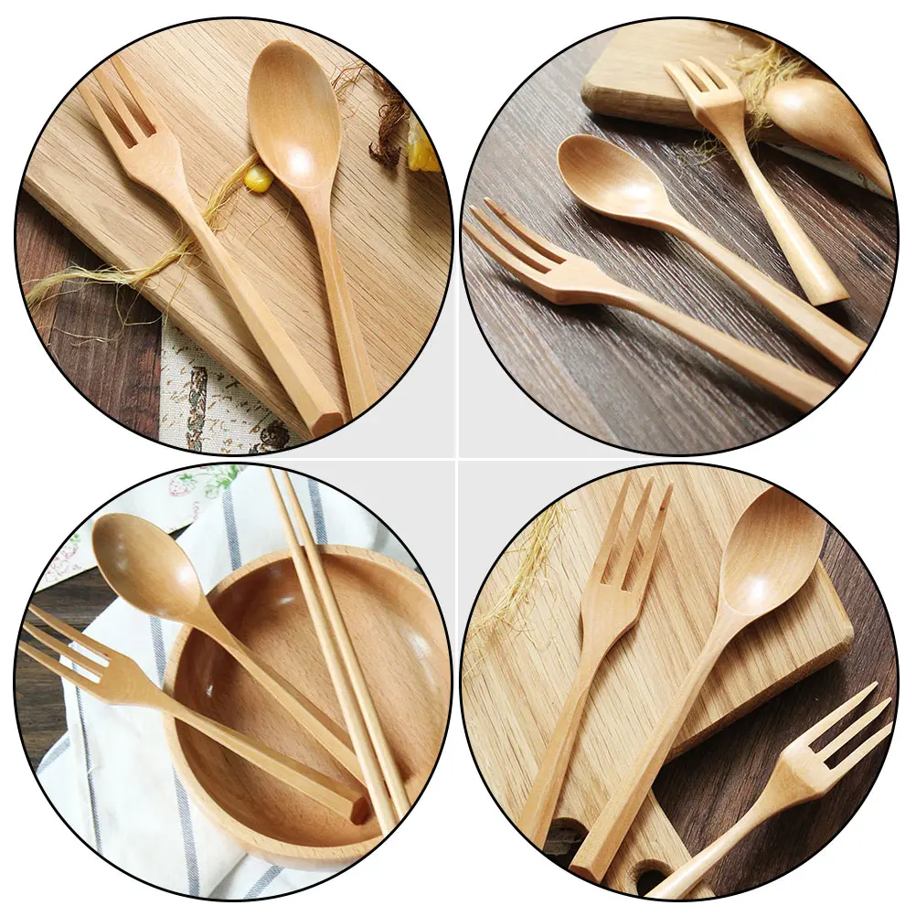 1 set 1 Set Wooden Fork Spoon Set Durable Smooth Tableware Elegant Design Salad Dessert Utensils Home Party Flatware Cutlery Kit