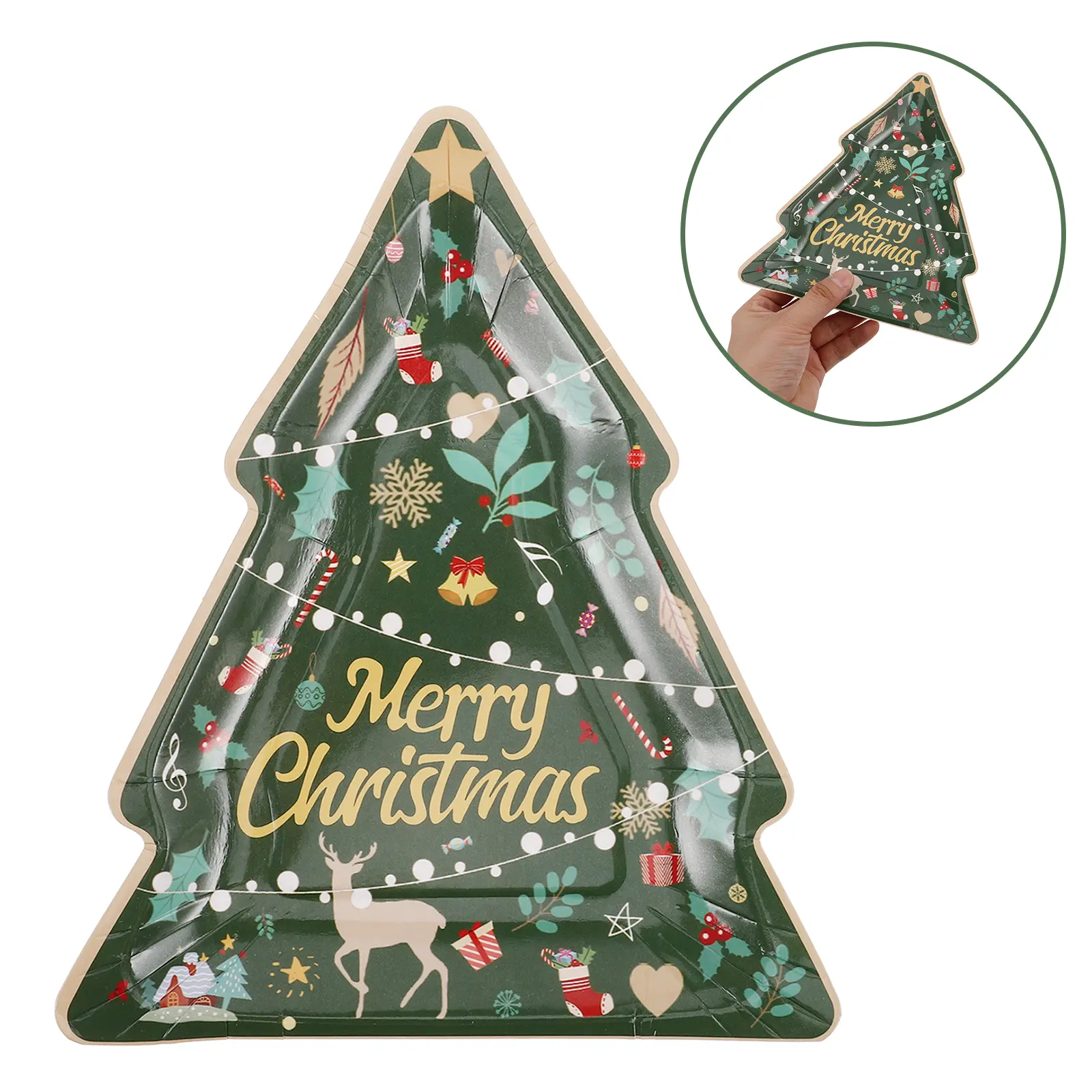 10pcs Christmas Tree Paper Gold Oval Disposable Party Supplies Holiday Dinner Dessert Plates Heavy Duty Cake Plates For