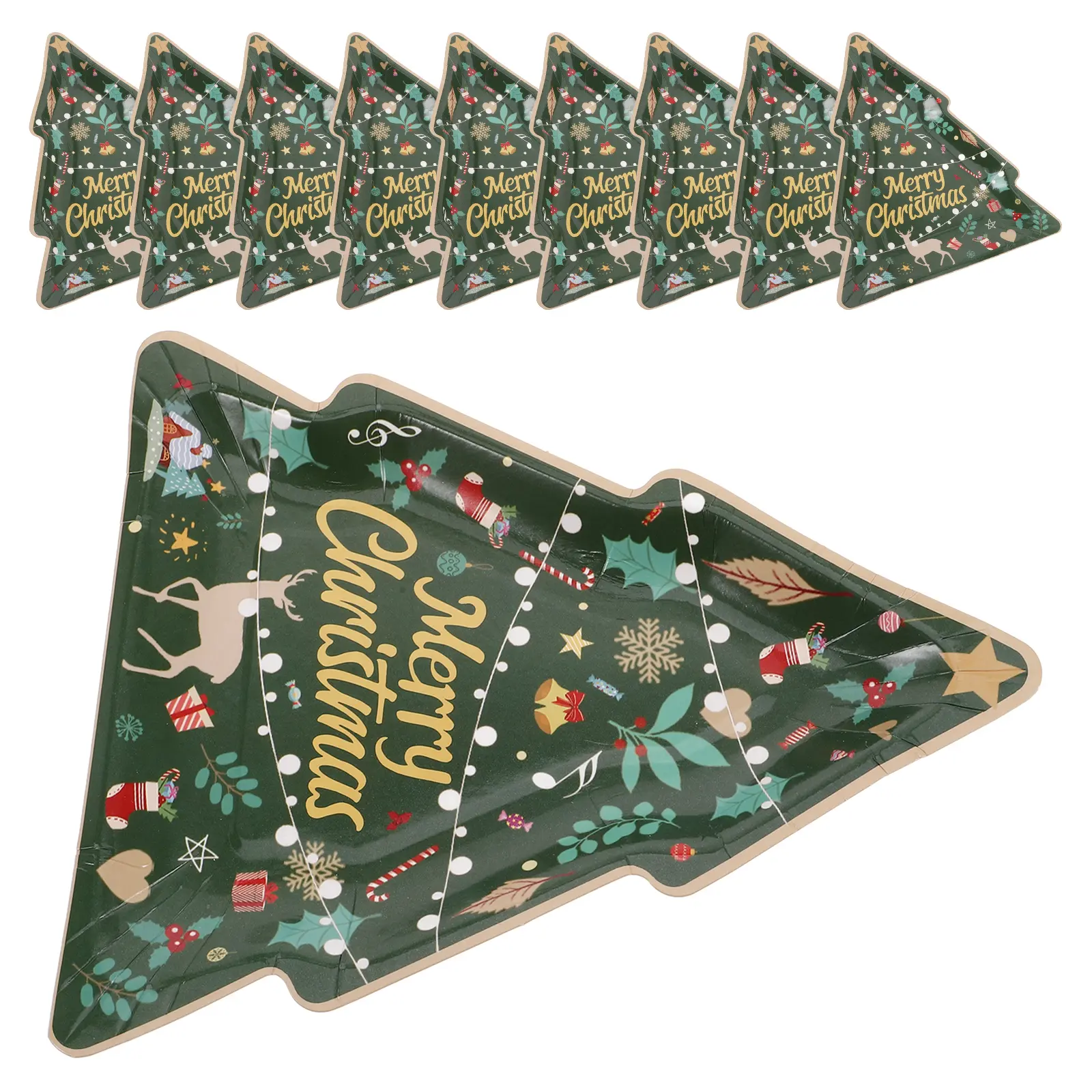 10pcs Christmas Tree Paper Gold Oval Disposable Party Supplies Holiday Dinner Dessert Plates Heavy Duty Cake Plates For