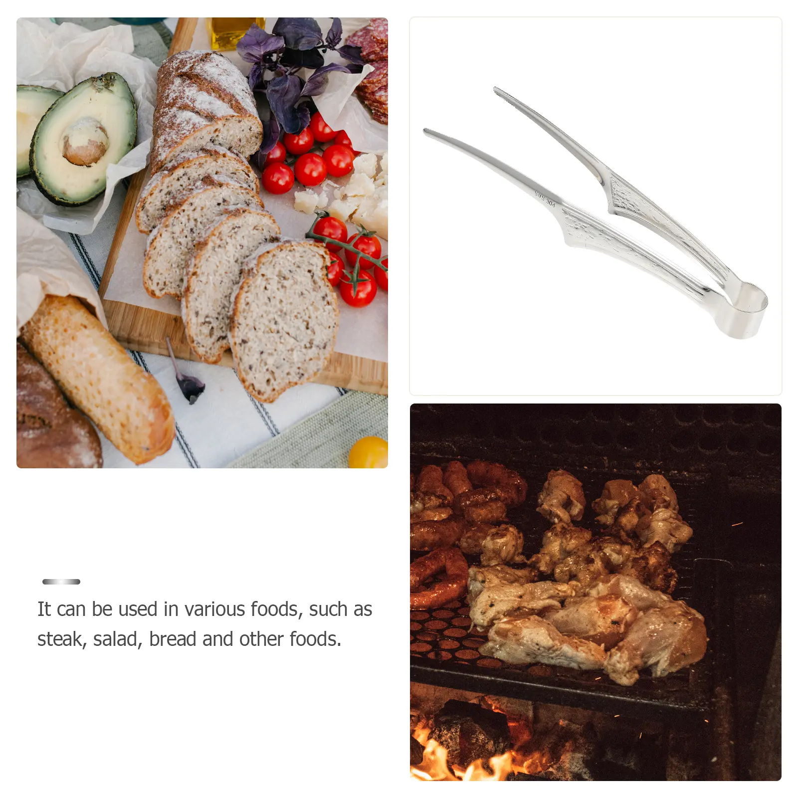 1pc Stainless Steel Food Tongs Heat Resistant Bbq Tong For Steak Bread Kitchen Use Comfortable Grip Wedding Banquet