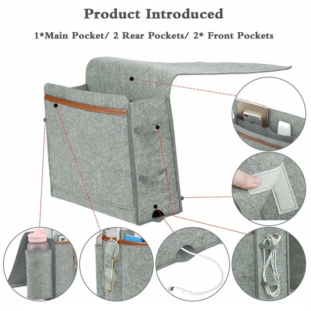 1pc Felt Hanging Storage Bag Sofa Bedside Organizer Heavy Duty Tidy Pouch For Cups Phones Magazines Simple Home Decor Light Grey