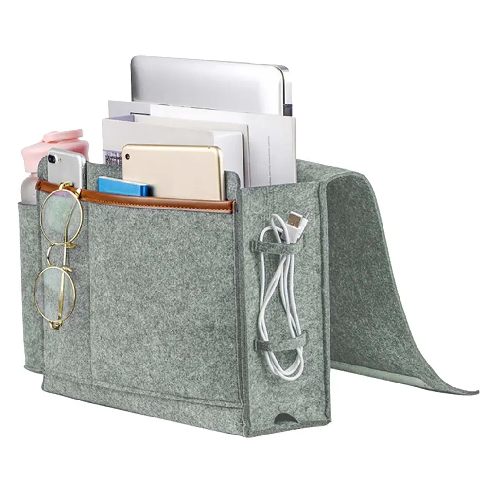 1pc Felt Hanging Storage Bag Sofa Bedside Organizer Heavy Duty Tidy Pouch For Cups Phones Magazines Simple Home Decor Light Grey