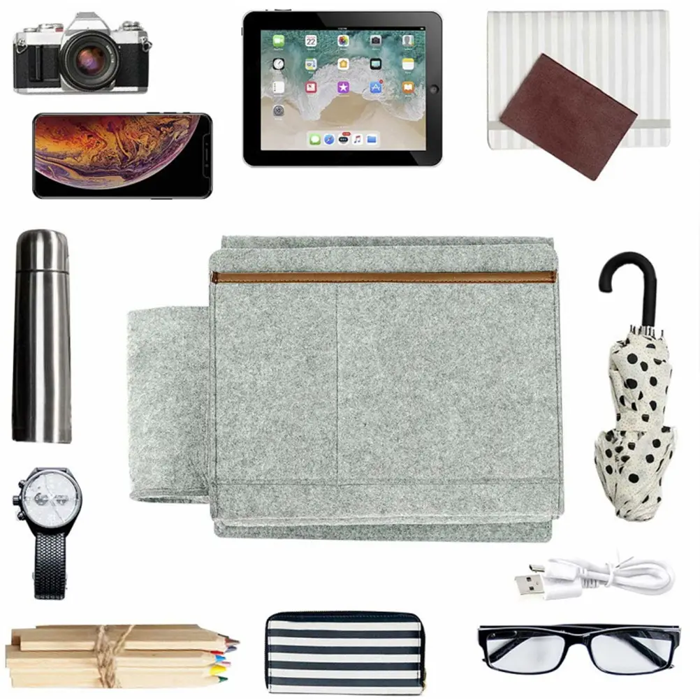 1pc Felt Hanging Storage Bag Sofa Bedside Organizer Heavy Duty Tidy Pouch For Cups Phones Magazines Simple Home Decor Light Grey