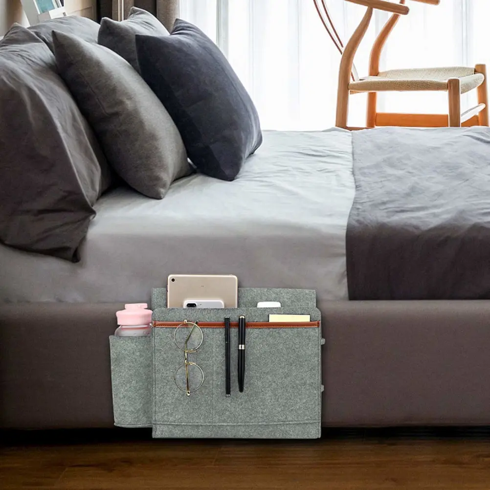 1pc Felt Hanging Storage Bag Sofa Bedside Organizer Heavy Duty Tidy Pouch For Cups Phones Magazines Simple Home Decor Light Grey