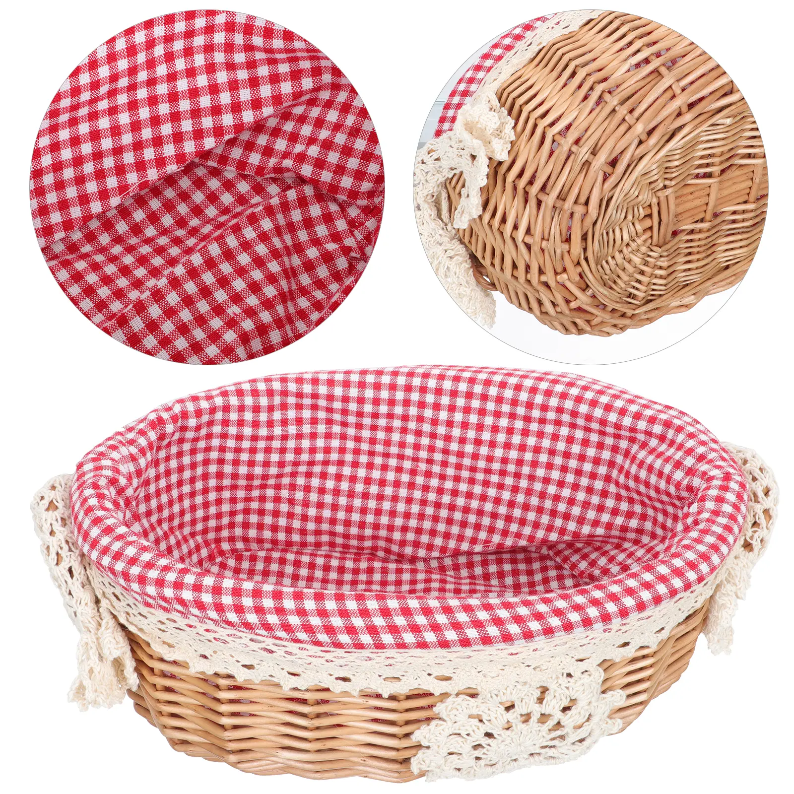 Vegetable Woven Storage Basket Picnic Food Organizer Linen Lined Sundries Container Rattan Basket For Kitchen Home Office Use