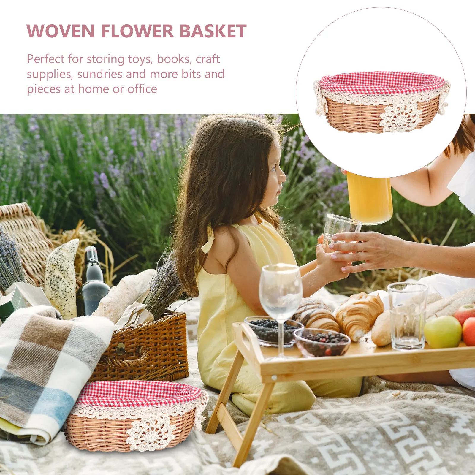 Vegetable Woven Storage Basket Picnic Food Organizer Linen Lined Sundries Container Rattan Basket For Kitchen Home Office Use