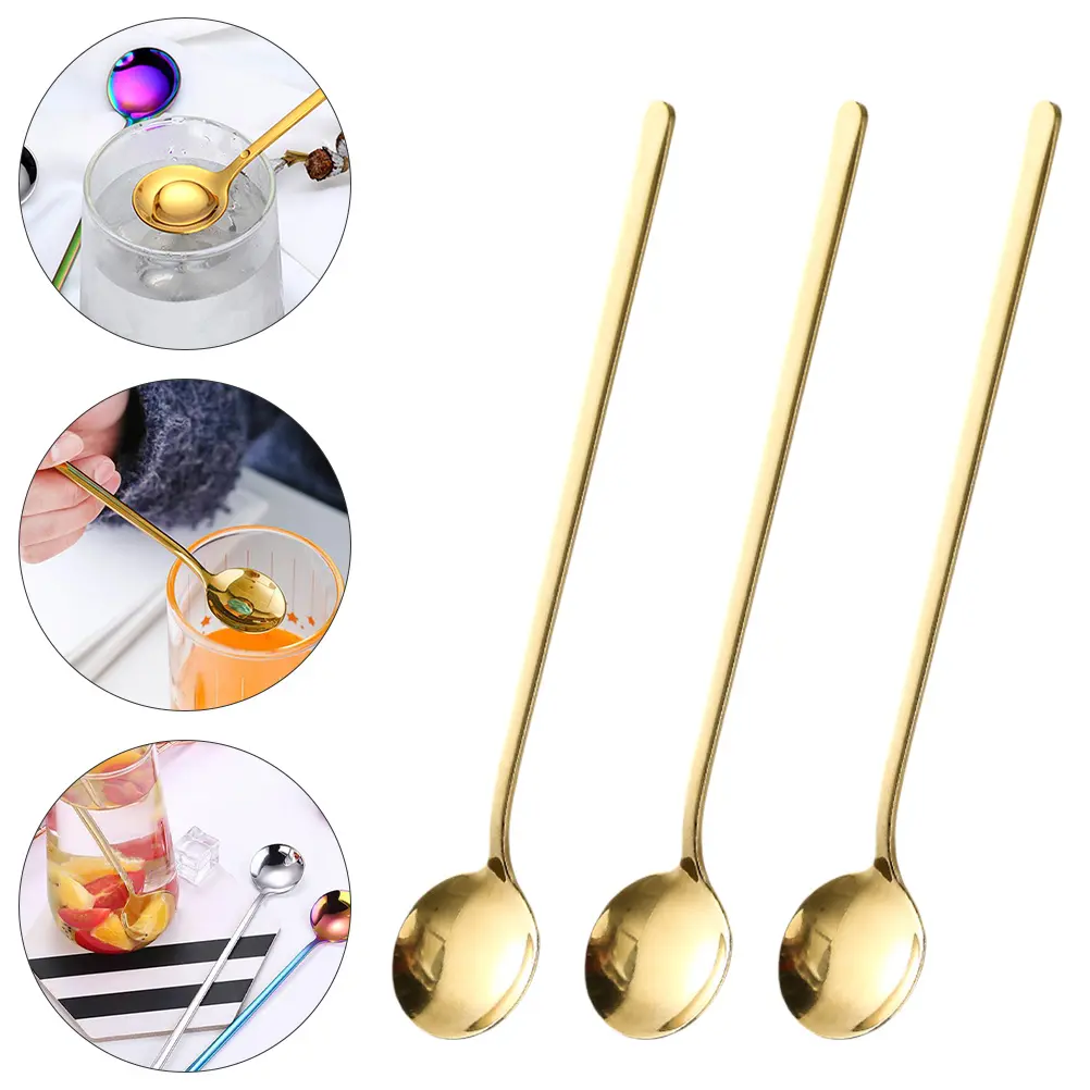 5 pcs Stainless Steel Round Spoon Long Handle Dessert Coffee Ice Spoon Thick Handle Mirror Polished Home Coffee Shop Use Cake