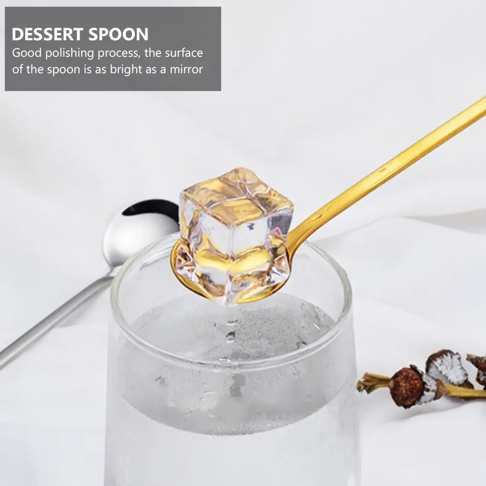5 pcs Stainless Steel Round Spoon Long Handle Dessert Coffee Ice Spoon Thick Handle Mirror Polished Home Coffee Shop Use Cake
