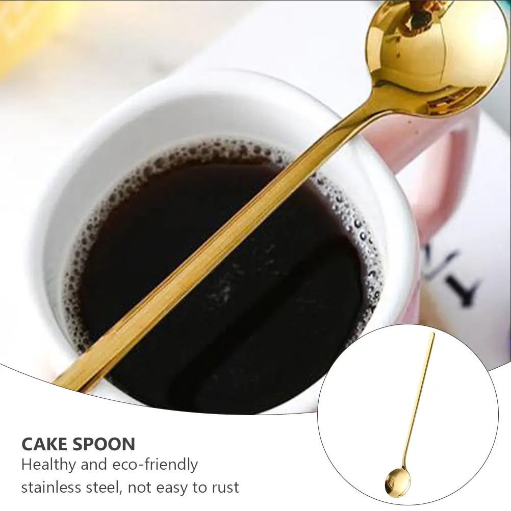 5 pcs Stainless Steel Round Spoon Long Handle Dessert Coffee Ice Spoon Thick Handle Mirror Polished Home Coffee Shop Use Cake