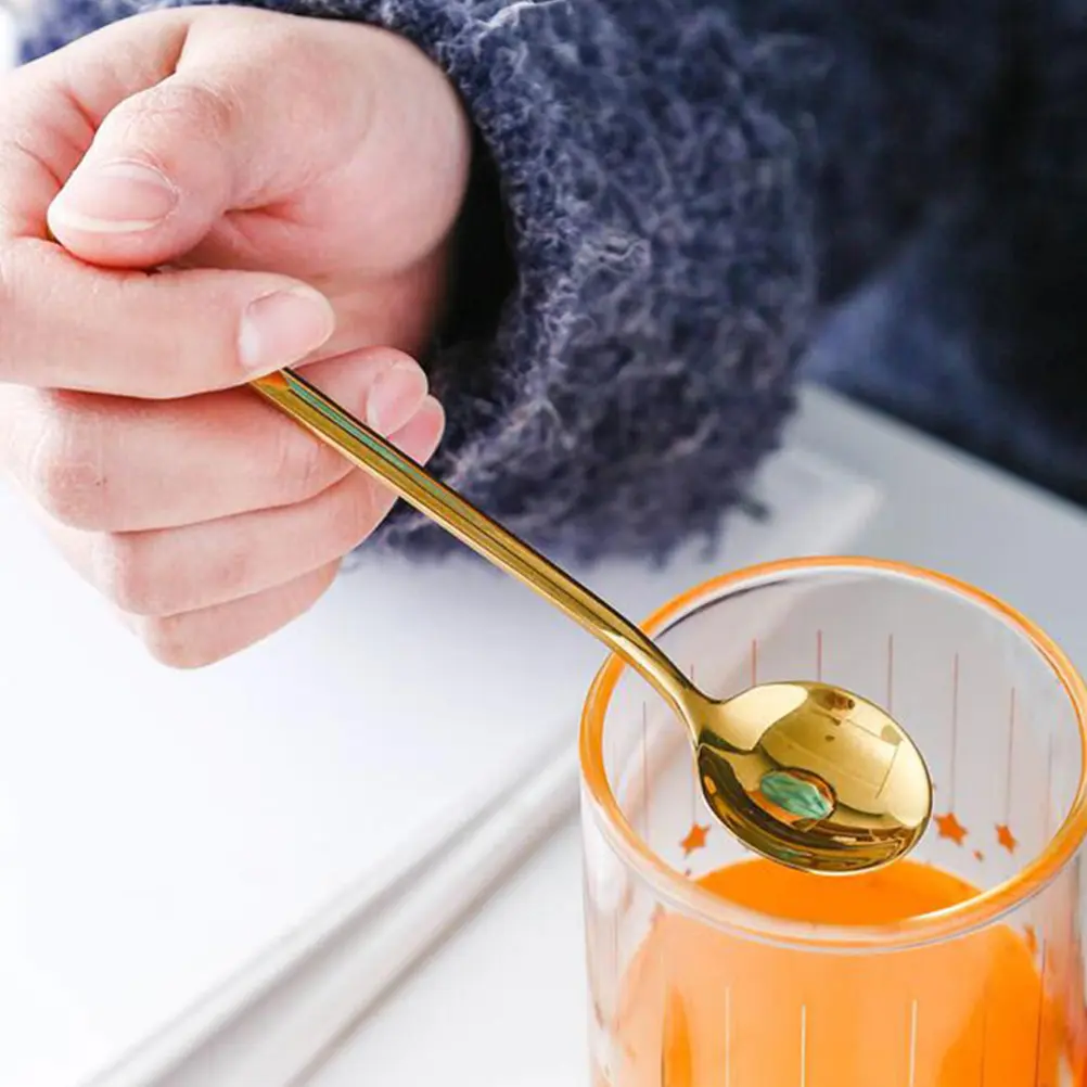 5 pcs Stainless Steel Round Spoon Long Handle Dessert Coffee Ice Spoon Thick Handle Mirror Polished Home Coffee Shop Use Cake