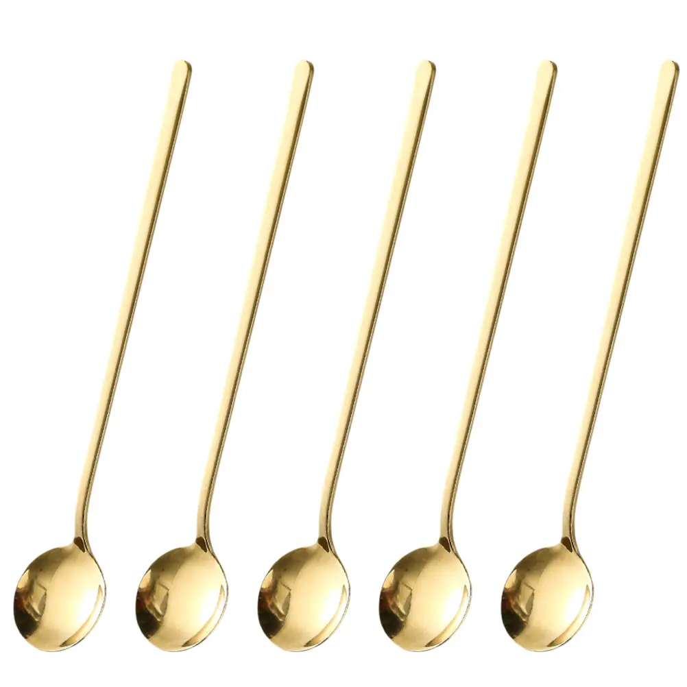 5 pcs Stainless Steel Round Spoon Long Handle Dessert Coffee Ice Spoon Thick Handle Mirror Polished Home Coffee Shop Use Cake