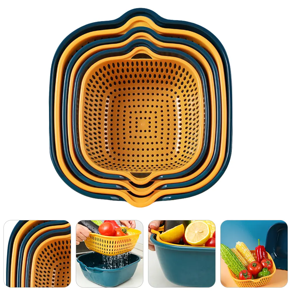 1 Set Heavy Duty Square Drain Basket Double Layer Strainer Vegetable Fruit Holder Multifunctional Storage Hollow Kitchen Gadgets